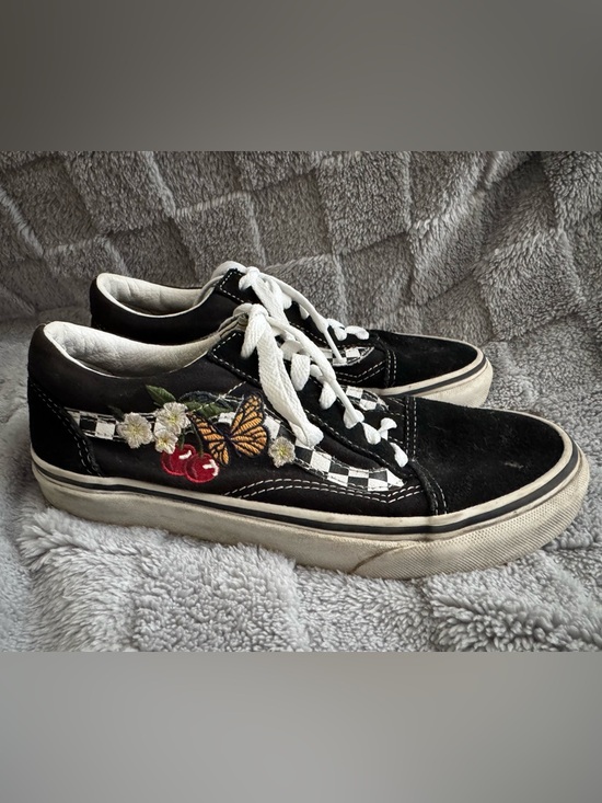 Vans Shoes - Vans Black Sneakers with Embroidered Butterfly, Cherries, and Checker Stripe